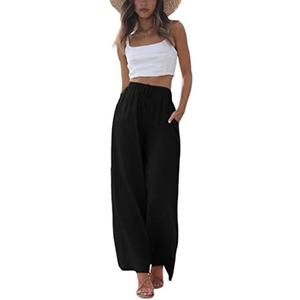 Faleave Women's Cotton Linen Summer Palazzo Pants Flowy Wide Leg Beach Trousers with Pockets, S