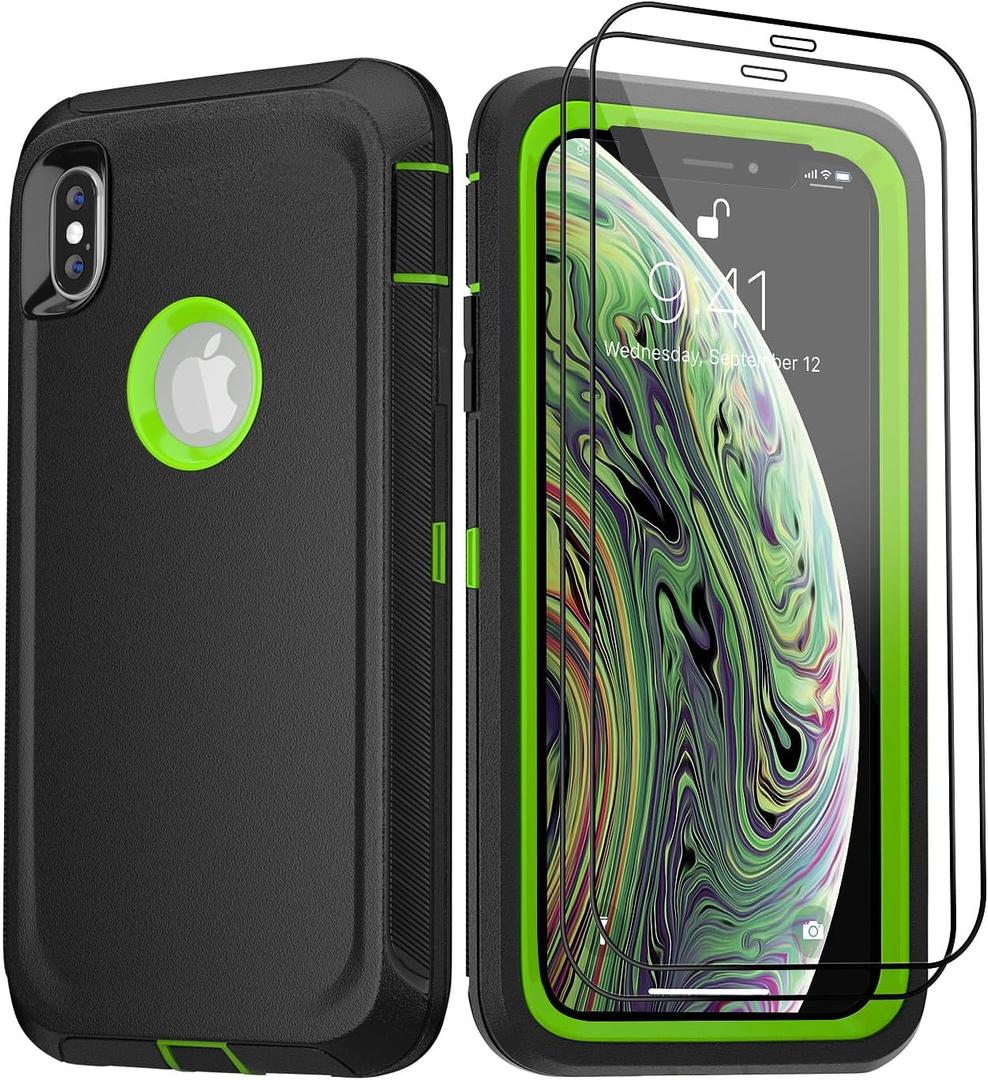 Case for Apple iPhone X/XS Case with 2 Screen Protector, Heavy Duty Full Body Shockproof Military Grade Cover, 3 in 1 Drop Protection Phone Case 5.8" [Black+Green]