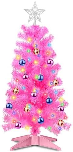 3 Feet Pink Tinsel Christmas Tree 12 Modes Dual Color Change Timer DIY 50 Warm White & Multicolor Lights Star  Battery Operated Small Artificial Full Xmas Tree Table Home Indoor
