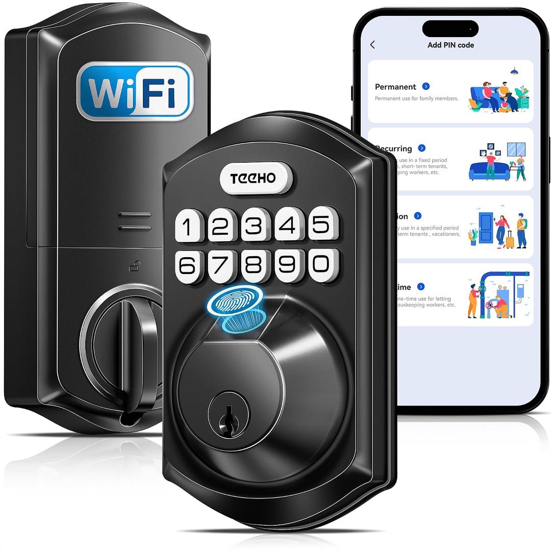 TEEHO TE012W WiFi Smart Lock, Fingerprint Door Lock with Built-in Wi-Fi, Keyless Entry Keypad Smart Deadbolt, App Remote Control, Alexa Compatible, IP55 Waterproof for Front Door Matte Black
