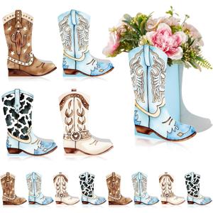 12 Set Western Boots Flower Boxes Centerpiece Boot Shape Gift Boxes Party Decoration Vase Centerpieces for Tables Boots Rodeo Birthday Baby Shower Supplies(Western Blue,Cow)
