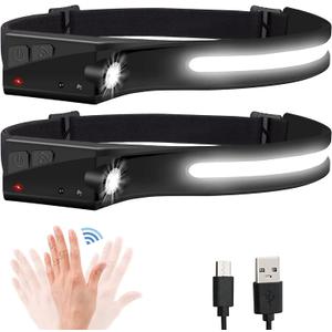 Headlamp Flashlight, 2Pack Rechargeable LED Headlamps 1200Lumens 2 COB 230Wide Beam Headlight with Motion Sensor Bright 5 Modes Lightweight Waterproof Head Lamp for Outdoor Running, Camping Hiking (Black+Black)