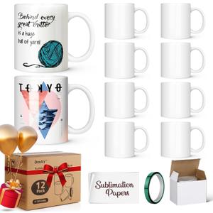 Dmsky Sublimation Coffee Mugs Tazas Para Sublimar 11 oz Blank Bulk Coffee Mug White Ceramic Photo Cups With Box, Heat Tape, sublimation paper Ideal for Crafts Printing Set of 12