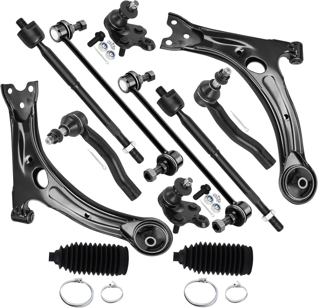 12pc Set Front Suspension Kit Lower Control Arm Inner Tie Rod End Outer Tie Rod End w/Boots Sway Bar End Link Lower Ball Joint Replacement for 2004-2009 For Toyota For Prius