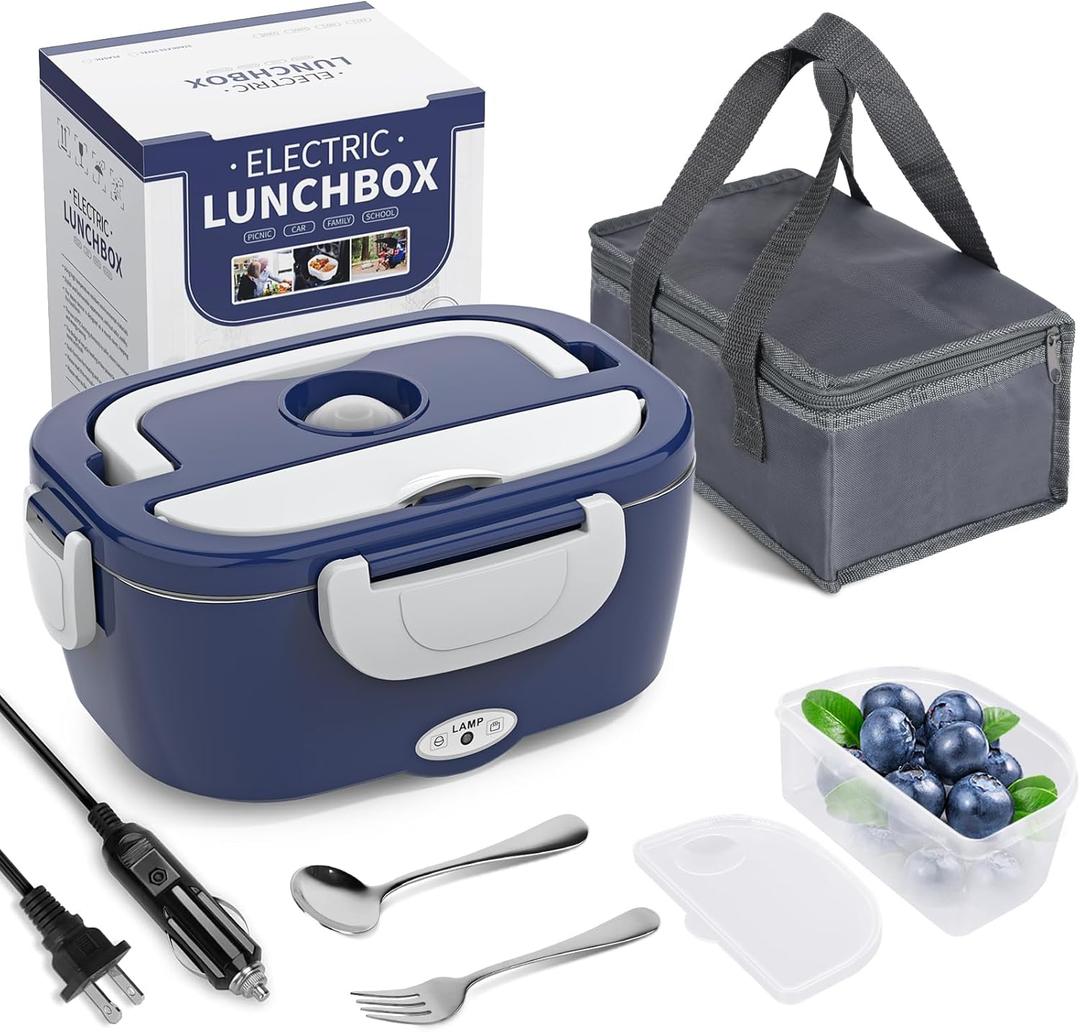 Electric Lunch Box Food Heater, 3 in 1 Ultra Quick Heated Lunch Boxes for Adults, 12V/24V/110V Portable Food Warmer for Car/Truck/Office With Fork Spoon and Insulated Carry Bag (Blue White)