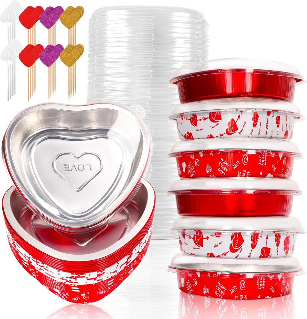 24-Pack Heart Shaped Cake Pans with Lids - 23oz Aluminum Foil Pans for Valentine's & Mother's Day, Red & White