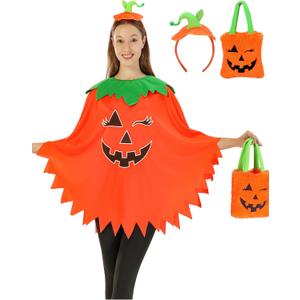 3Pcs Pumpkin Costume Adult,Glow in the Dark Poncho for Women with Headband and Candy Bag for Halloween