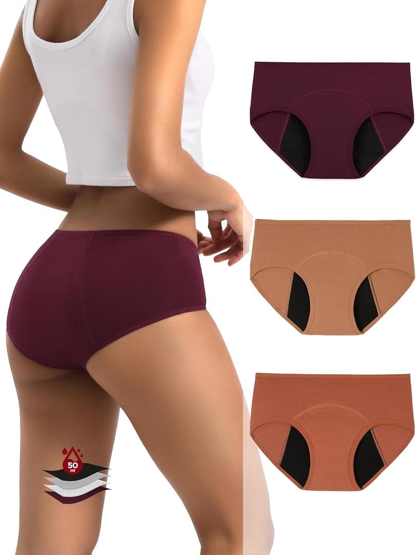 INNERSY Period Underwear for Women Teens Leak-Proof Menstrual Cotton Protective Hipster Panties 3-Pack (Small, Heavy Flow (Maillard Color))