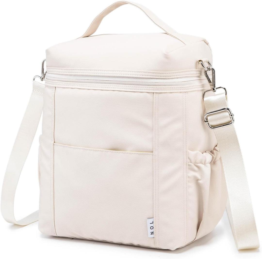 NOL Natural Organic Lifestyle Insulated Lunch Bags for Women Cooler Bag Lightweight Nylon Waterproof Lunch Box For Work (Cream, Large) (Large (12 Liters))