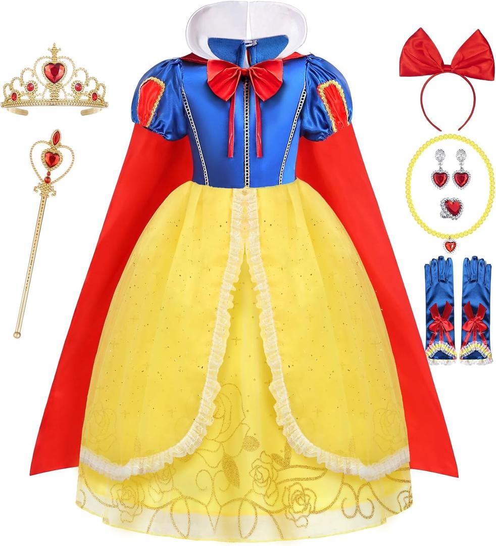 Latocos Girls Princess Dresses Costume Kids Toddler Princess Dress Up Clothes Cape Crown Headband Halloween Cosplay Gift (100(2-3T))