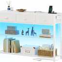 Furologee White Console Table with Charging Station & 3 Fabric Drawers, 38'' Entryway Table with Storage Shelves and LED Light for Entry Way, Industrial Display Shelf for Hallway, Foyer