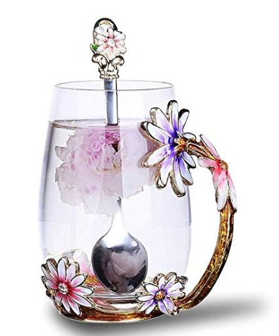 Luka Tech Enamel flower Leadfree Glass Coffee Mugs Tea Cup with Steel Spoon, Best Birthday Gifts For Women Wife Mom Friends Mothers Valentines Day Christmas (PurpleTall)