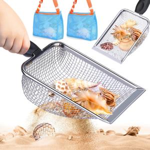 2 PCS Beach Mesh Shovel with 2 PCS Mesh Beach Bag for Filter Sand, Kids Shell Collecting Scooper for Picking Up Shells, Shark Tooth Sifter for Boys and Girls, Beach Toy