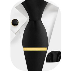 Black Ties for Men and Cufflinks Tie Clip Set, Solid Satin Necktie for Father's Day,Anniversary,Wedding and Bussiness.