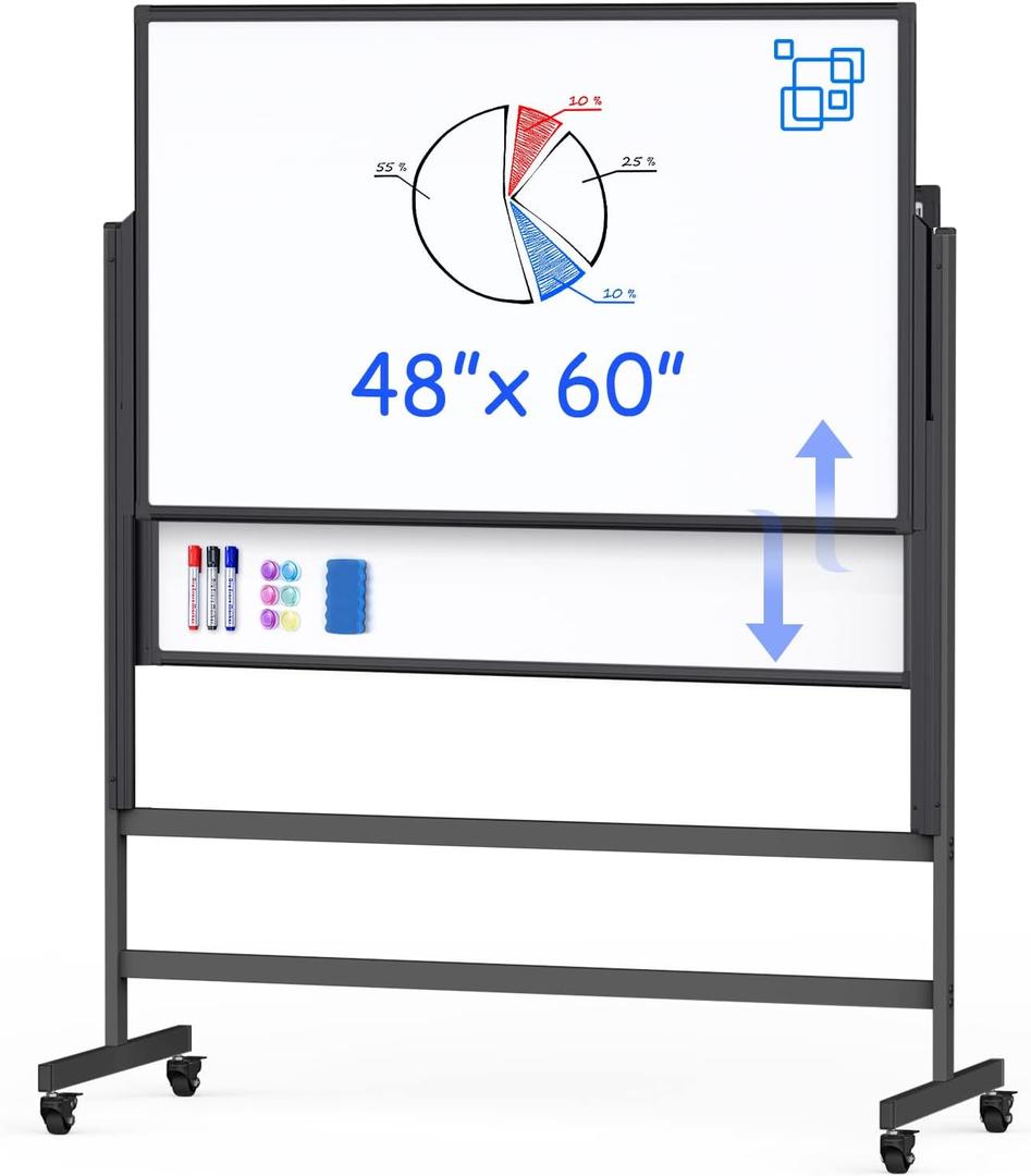 Double-Sided White Board on Wheels, 48x60 Inch (4'x5') Large Magnetic Mobile Dry Erase Board, Height Adjustable Stand Rolling Whiteboard for Office, Classroom, Home School Use, Black Double-Sided White Board on Wheels, 48x60 Inch (4'x5') Large Magnetic Mobile Dry Erase Board, Height Adjustable Stand Rolling Whiteboard for Office, Classroom, Home School Use, Black