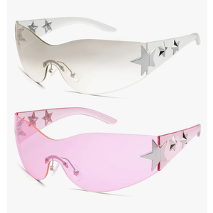 Rimless Y2K Sunglasses Star Wrap Around Glasses 2000S Accessories for Women Men Trendy Fashion Cool Shield Shades
