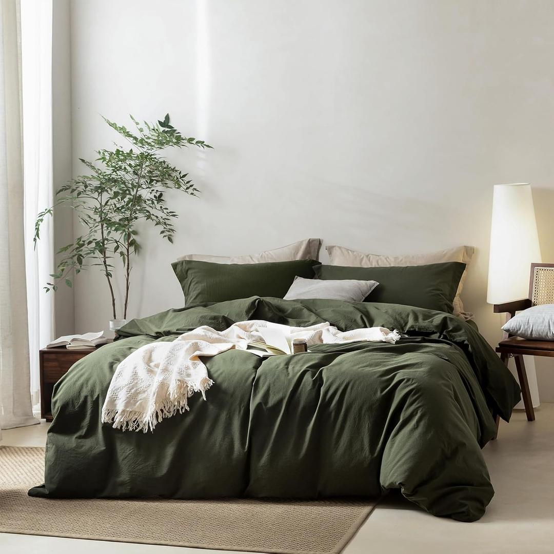 Linen Feel Olive Green Duvet Cover Oversized Queen Size 98'' L x 98'' W, 100% Washed Cotton Duver Cover with Zipper Closure Plus 2 Pillowcases, Cozy and Breathable (Oversized Queen (98" x 98"), Olive Green(no Comforter))