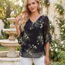 Bebonnie Womens Ruffle 3/4 Sleeve V Neck Double Layers Chiffon Blouses Dressy Tunic Tops (Black, M)