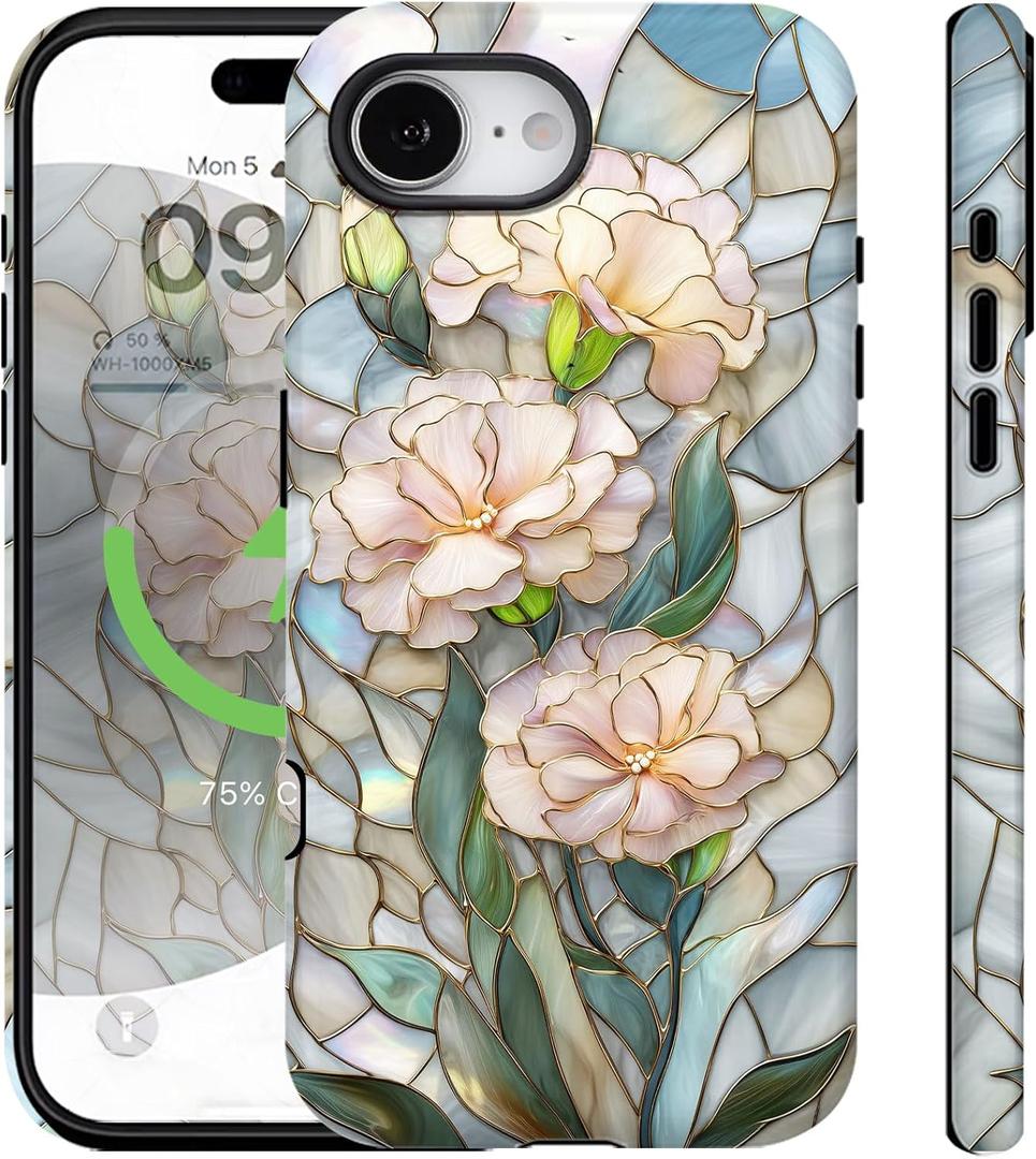 for iPhone 17E Case, iPhone 16E Case Cute Aethetic Bloom Flowers Florals Design for Women [Compatible with Magsafe] Rugge Shockproof Anti-Scratch Phone Cover