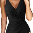 RXRXCOCO Womens One Piece Swimsuits Tummy Control Ruched Criss Cross Bathing Suits V Neck Slimming Swimwear (Small, Black)