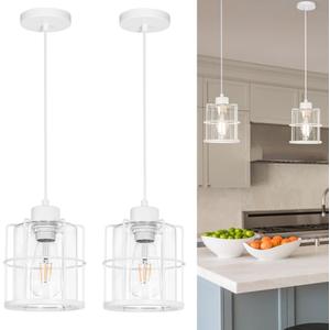 Modern White Industrial Pendant Light Fixtures Set of 2, Clear Glass Cage Pendant Light Kitchen Island, Adjustable Cord Hanging Light for Kitchen Island Decor, Over Sink Lighting Fixtures for Bathroom (5.9in-Hardwired Cord)