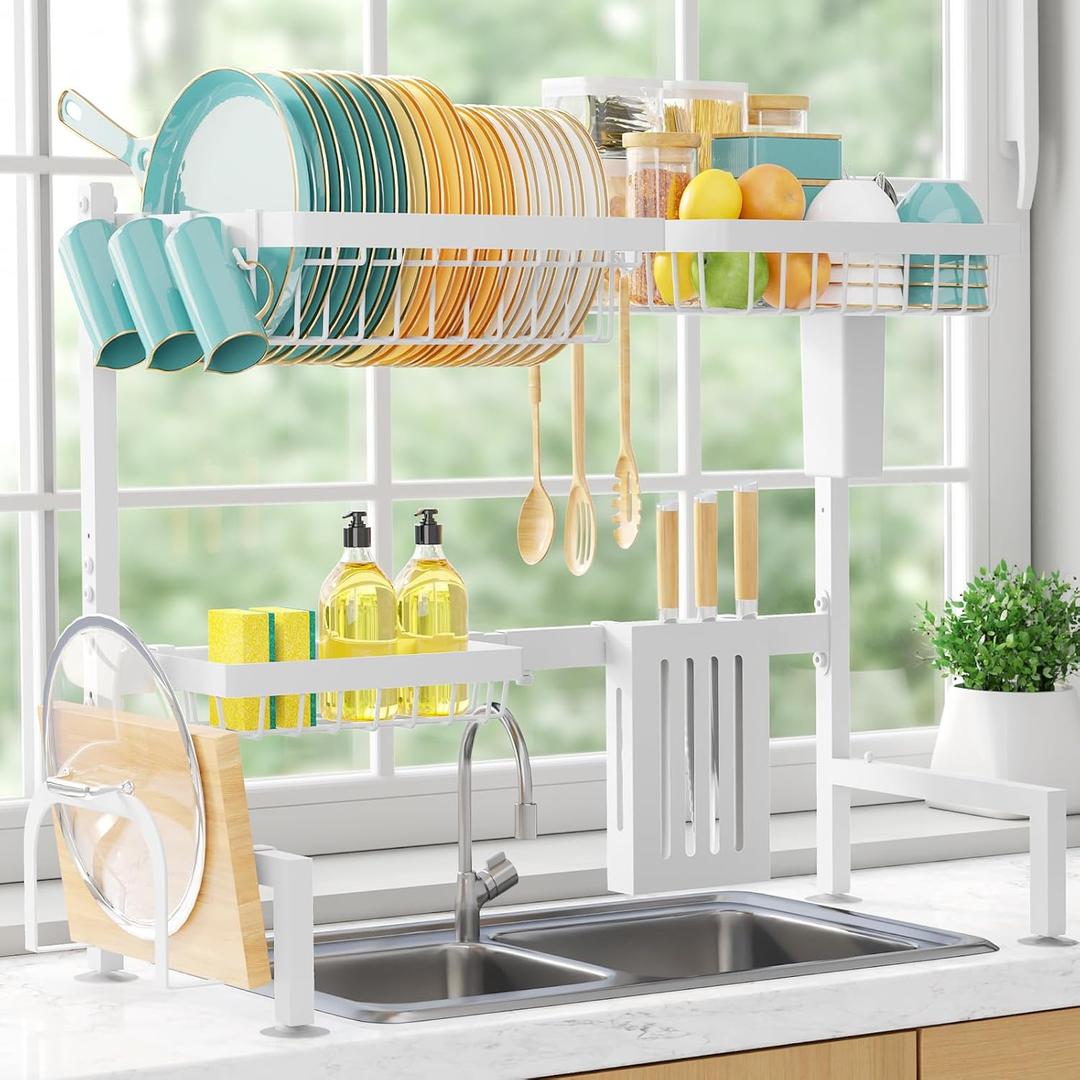 Sakugi Over The Sink Dish Drying Rack - Adjustable 2 Tier Large Capacity Stainless Steel Drainer with Cutlery & Utensil Holders, Kitchen Storage & Organization, 30"-33.9" L x 11" W x 21.5" H, White (Standard - 3 Baskets)