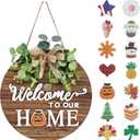 Interchangeable Seasonal Welcome Sign Front Door Decoration, Rustic Round Wood Wreaths Wall Hanging Outdoor, Farmhouse, Porch, for Spring Summer Fall All Seasons Holiday Halloween Christmas. (12 Inch, 01blown)