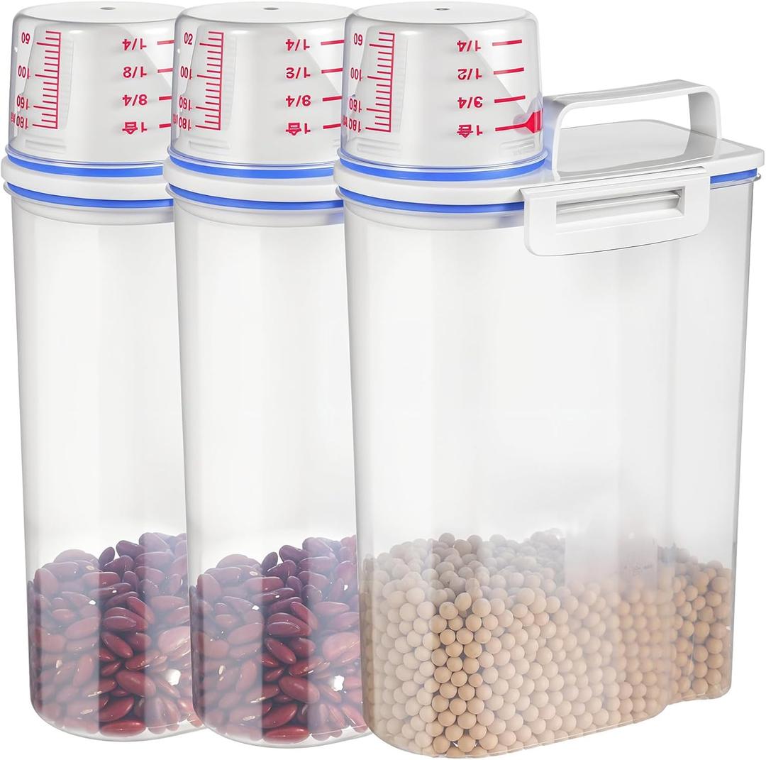 3 Pcs Rice Storage Containers (4 Lbs / 2 Kg Each)  Airtight BPA-Free ABS Plastic Dispenser with Measuring Cup & Pour Spout for Rice, Cereal, Pet Food, and More (Blue + Clear)