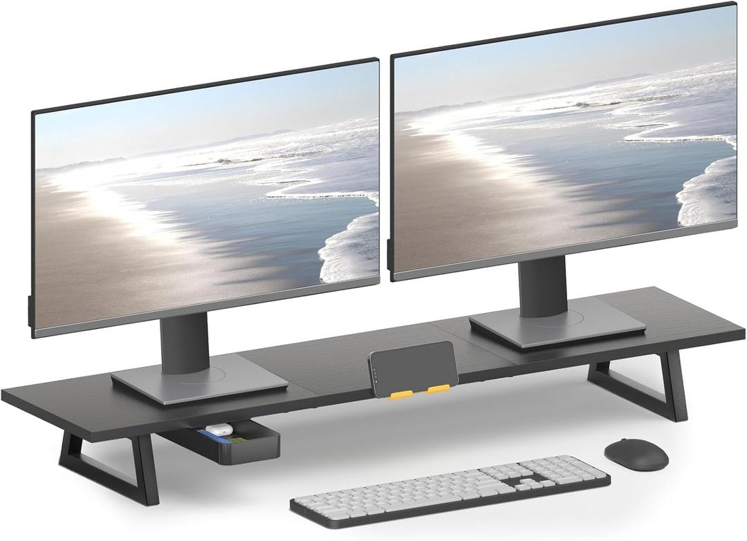TEAMIX 39.4 inch Dual Monitor Stand Riser with Drawer & Phone Holder, Black