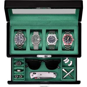 ROTHWELL 4-Slot Piano Black Watch Box with Valet Drawer - Premium Jewelry Display Case Organizer with Locking Glass Top and Microsuede Liner for Men & Women (Green Interior)