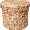 Vintage Woven Storage Basket with Scalloped Lid - Handwoven Water Hyacinth Laundry Hamper for Clothes, Blankets, Toys Organizing - Natural Wicker Basket with Lid (Large Round)