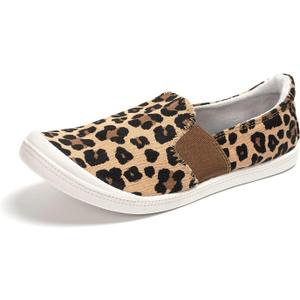 FUNKYMONKEY Shoes for Women, Comfort Low Top Canvas Slip On Sneakers Classic Casual Walking Shoes (9, Leopard)