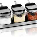 Condiment Jar Spice Container with 304 Stainless Steel Lids and Spoons,Clear Glass Condiment Canisters Pots Seasoning Box Salt Container Sugar Bowl Set of 3 for Kitchen, Counter, Food Storage