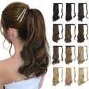 SOFEIYAN Curly Ponytail Extension 15 Inch Heat Resistant Synthetic Natural Wavy Hairpiece Wrap Around Pony Tail Hair Extensions for White Black Women Hair Piece, Dark Brown Highlighted Cameral Blonde
