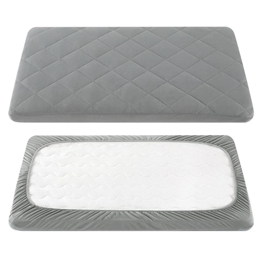 TILLYOU Pack and Play Sheet - Soft Quilted Crib Cover Pad, Toddlers Mattress Protector with 1''-3'' Deep Pocket, Thick Play Yard Playpen Sheets, Breathable Fluffy Crib Mattress Pad, 39"x27", Grey (Gray)