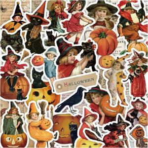 100 Pcs Vintage Witch Stickers, Retro Pumpkin Stickers for Scrapbook, Junk Journal, Collages, Halloween Party Favors, Waterproof Vinyl Stickers for Laptop, Phone, Window, Water Bottles