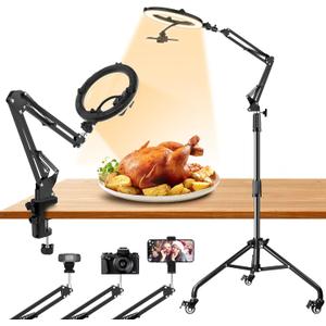 Ring Light Overhead Phone Mount with Casters, Dual-Purpose Floor/Desk Light Tripod for iPhone, Selfie Phone Tripod for Video Recording/Live Streaming/Cooking (11inch)