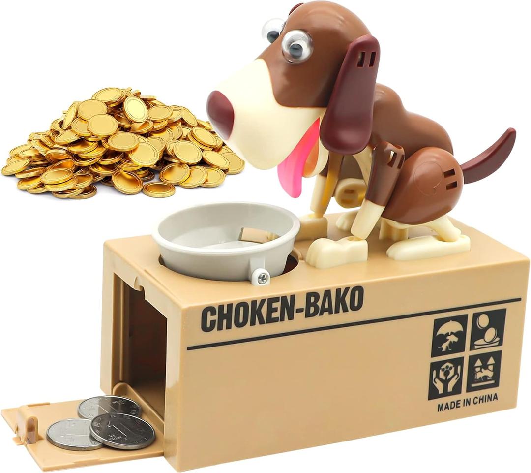 Hungry Dog Piggy Bank, Cute Dogs Steals Coins Like Magic Coin Munching Toy Money Box Birthday Gift for Kids (Brown)