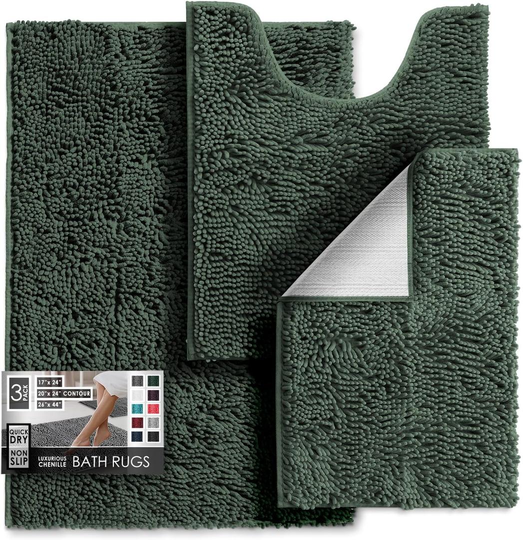 Hearth & Harbor Bathroom Rugs, Chenille Bath Mat - Machine Washable Bath Mats for Bathroom Non-Slip Backing Rubber, Quick Dry Mat - Hunter Green Bath Rug, 17x24-26x44-20x24