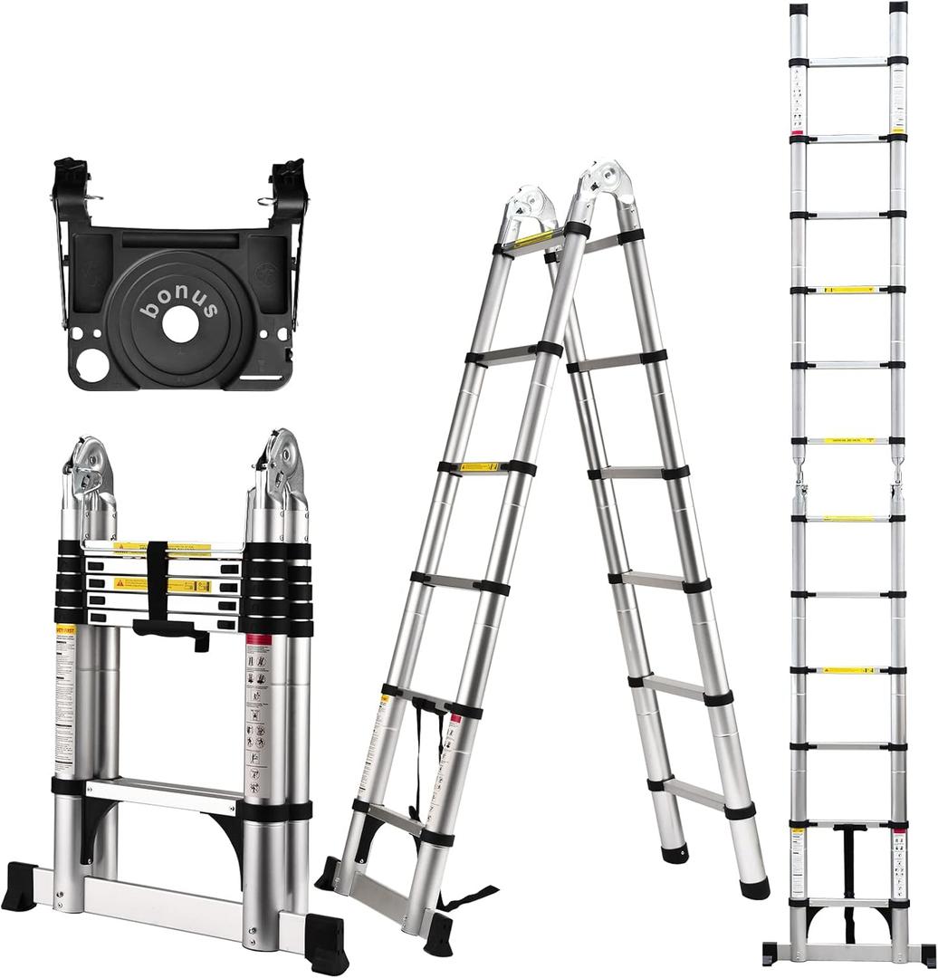 Telescoping Ladder A Frame, 12.5 Ft Compact Aluminum Extension Ladder, Portable Telescopic RV Ladder for Outdoor Camper Trips Motorhome with Tool Platform and Stabilizer Bar, 330 lb Capacity