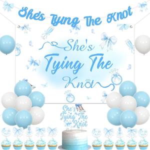 Blue Bow Bachelorette Party Decorations She's Tying The Knot Banner Blue Bow Bachelorette Backdrop Cake Cupcake Toppers for Bridal Shower Engagement Wedding Party Supplies