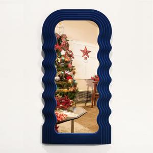 Funky Wall Mirror Decor for Hallway Entryway, 14x28 Asymmetrical Decorative Mirrors for Home Office Living Room, Maximalist Home Decor for Housewarming Christmas Wedding Gift (Dark Blue) (28x14")