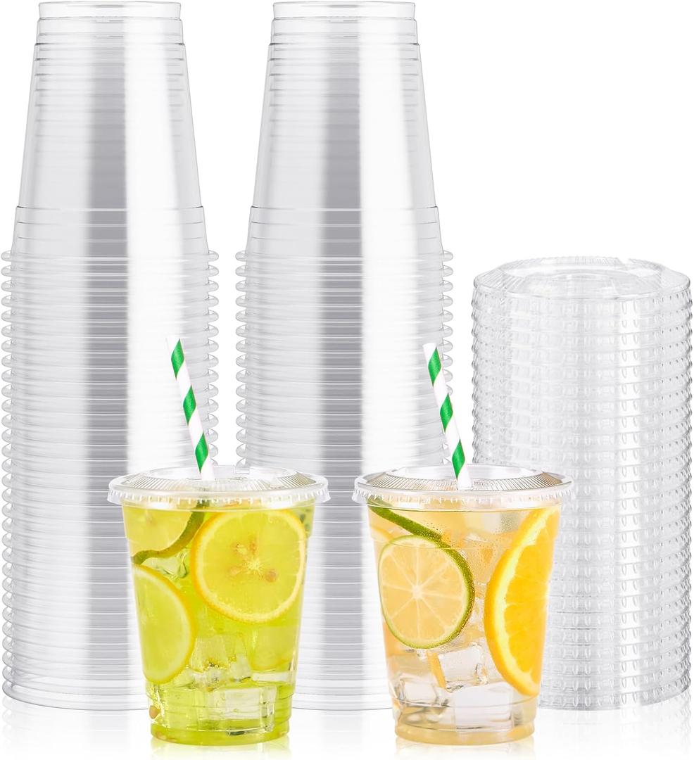 [100 Pack] 12 oz Clear Plastic Cups with Flat Slotted Lids, Disposable Drinking Party Cups for Iced Cold Drinks Coffee Tea Smoothie Bubble Boba