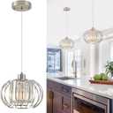 XSDeTu Brushed Nickel Pendant Light Fixtures, Modern Crystal Hanging Ceiling Light, Farmhouse Small Chandeliers, Metal Cage Pendant Lighting, Adjustable Pendant Lights Kitchen Island, Hallway