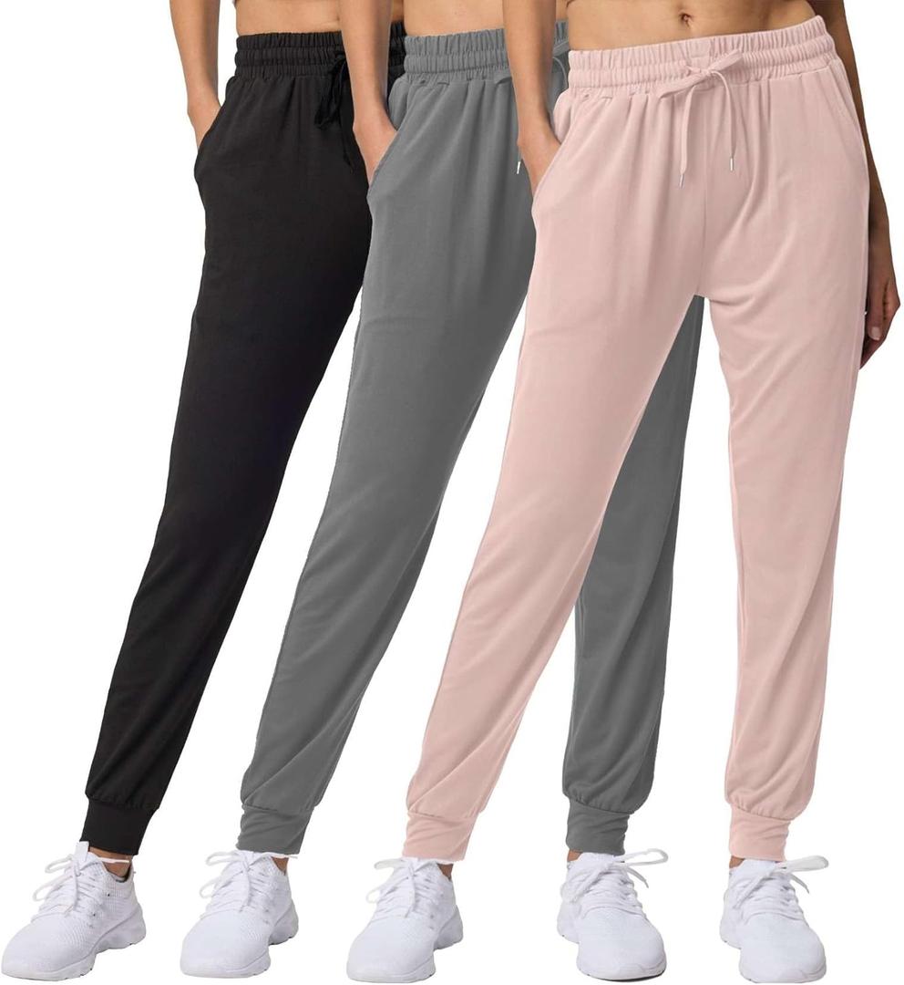 Real Essentials 3 Pack: Women's Lounge Joggers Sweatpants with Pockets Yoga Running Athletic Workout (Large)