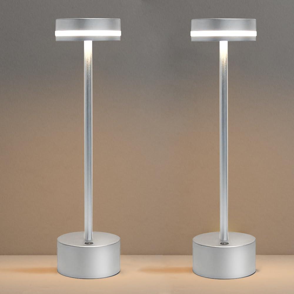 Cordless Table Lamp Set of 2,Rechargeable 5000mAh Outdoor Portable Table Lamps, 3 Color Stepless Dimming Battery Powered Lamp, Aluminum Bedside Touch lamp for Restaurant/Patio/Bedroom- Silver