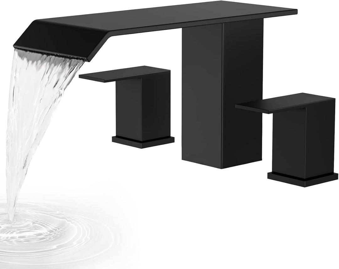 Matte Black 2 Handle Deck Mount Tub Faucet Set High Flow, Waterfall Roman Bathtub Faucet Tub Filler, 3 Hole Widespread Garden Bathtub Faucet, Solid Stainless Steel Jacuzzi Tub Faucet