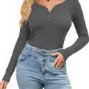 Amoretu Women's Henley Long Sleeve V Neck Shirts Slim Fitted Side Ruched Button Tops (XS)