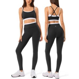 2 Pieces Workout Sets for Women,Seamless Yoga Leggings with Padded Sports Bras,Athletic Matching Outfits,Gym,Casual, Black Medium