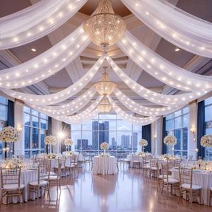 6 Panels White Ceiling Curtains with Lights for Weddings - 5ftx20ft Wrinkle-Free Tulle Fabric Wedding Arch Draping Ceiling Drapes Decorations for Wedding Party Ceremony Stage Tent Event